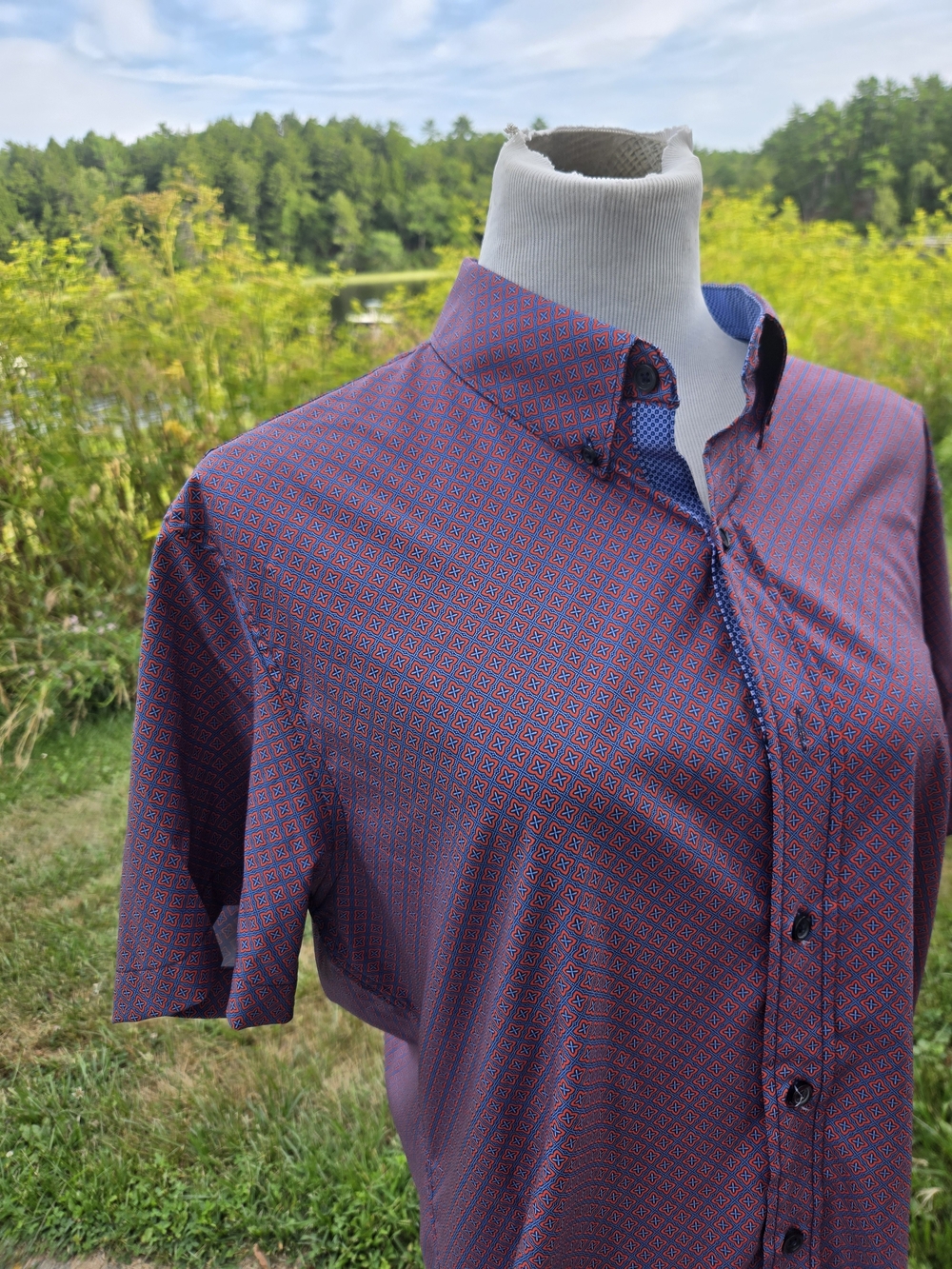 Construct Men’s Red Blue Geometric Print Slim Fit Short Sleeve Shirt XL - Picture 2 of 6
